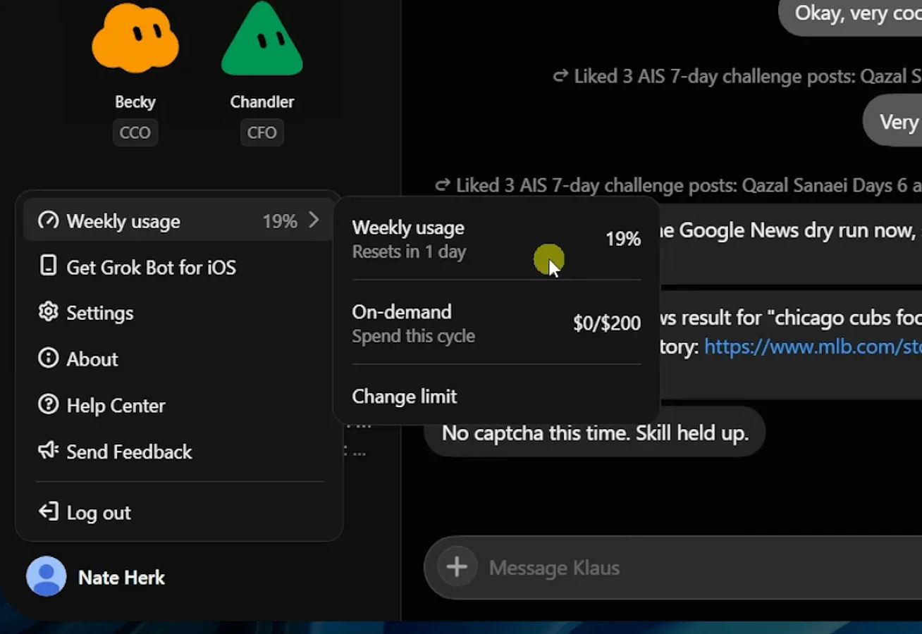 Grok Bot 账户菜单弹出 Weekly usage 19% 面板：1 天后重置，On-demand 花费 $0/$200