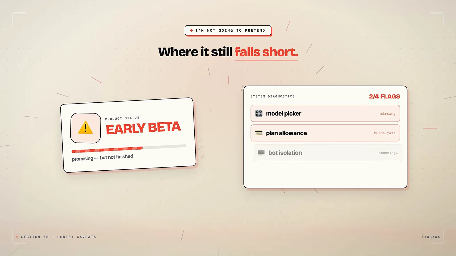 Grok Bot 诊断卡片：early beta 印章下标出缺少模型选择器、套餐额度吃紧、机器人隔离仅为部分