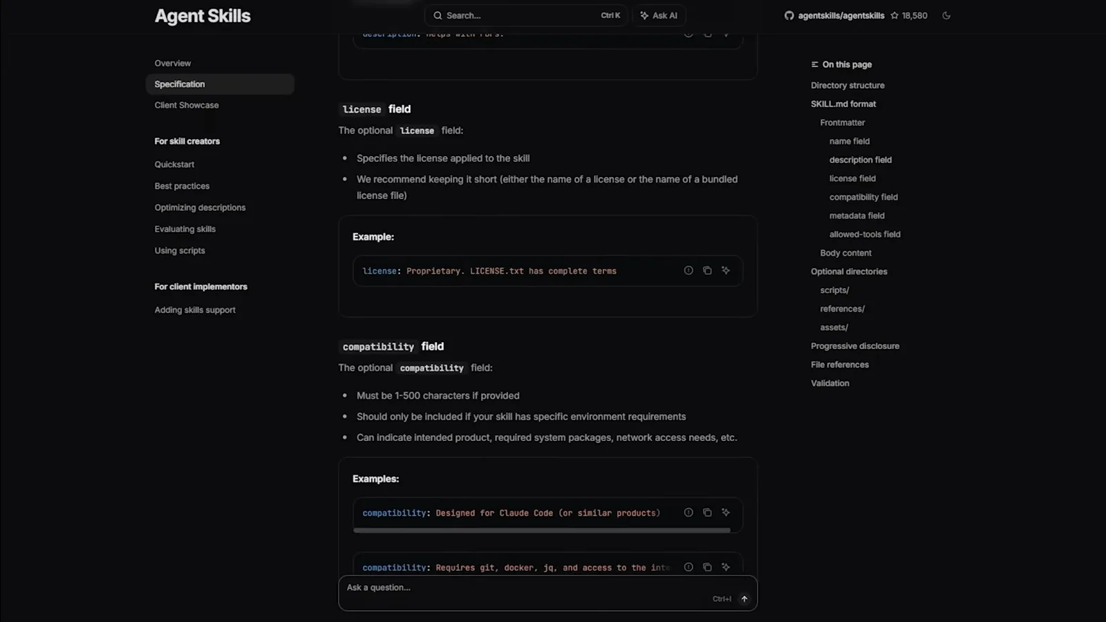 agentskills.io 规范页面：记录每个 Hermes Agent 技能可声明的 license 与 compatibility 可选字段