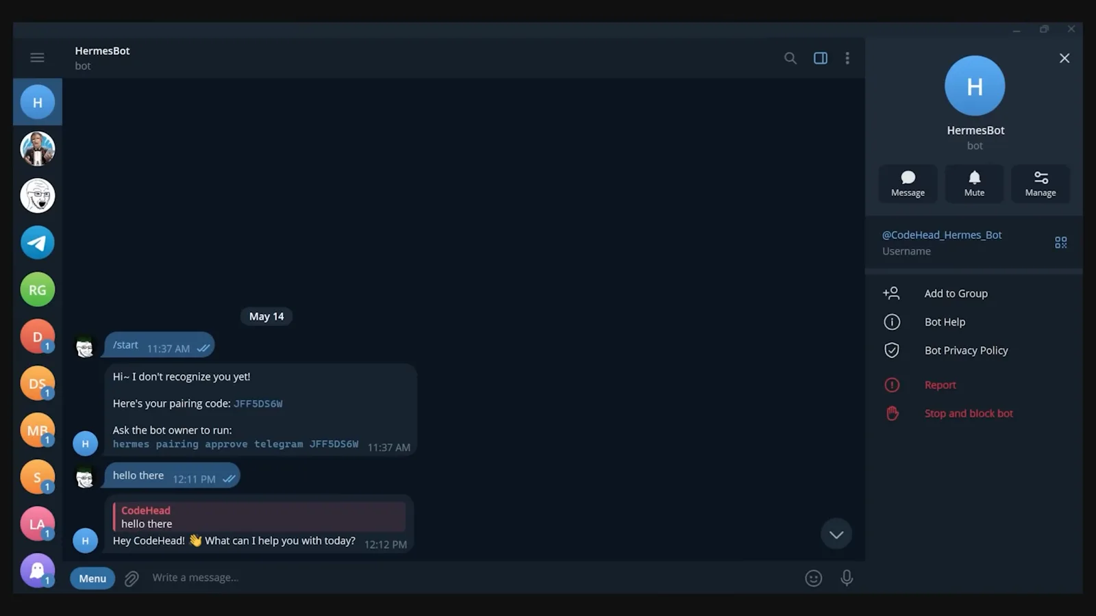 Telegram 里的 Hermes Agent 配对对话：配对码消息与 HermesBot 资料面板并排显示