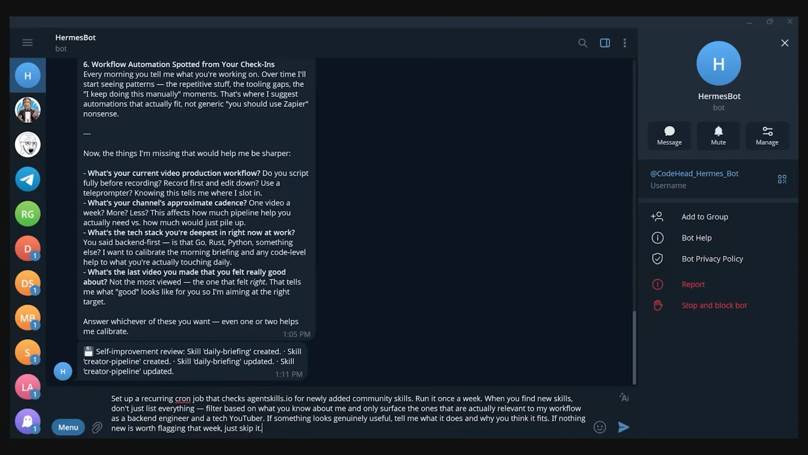 Hermes Agent 把完成的研究报告发回 Telegram 对话，旁边打开着 HermesBot 资料面板