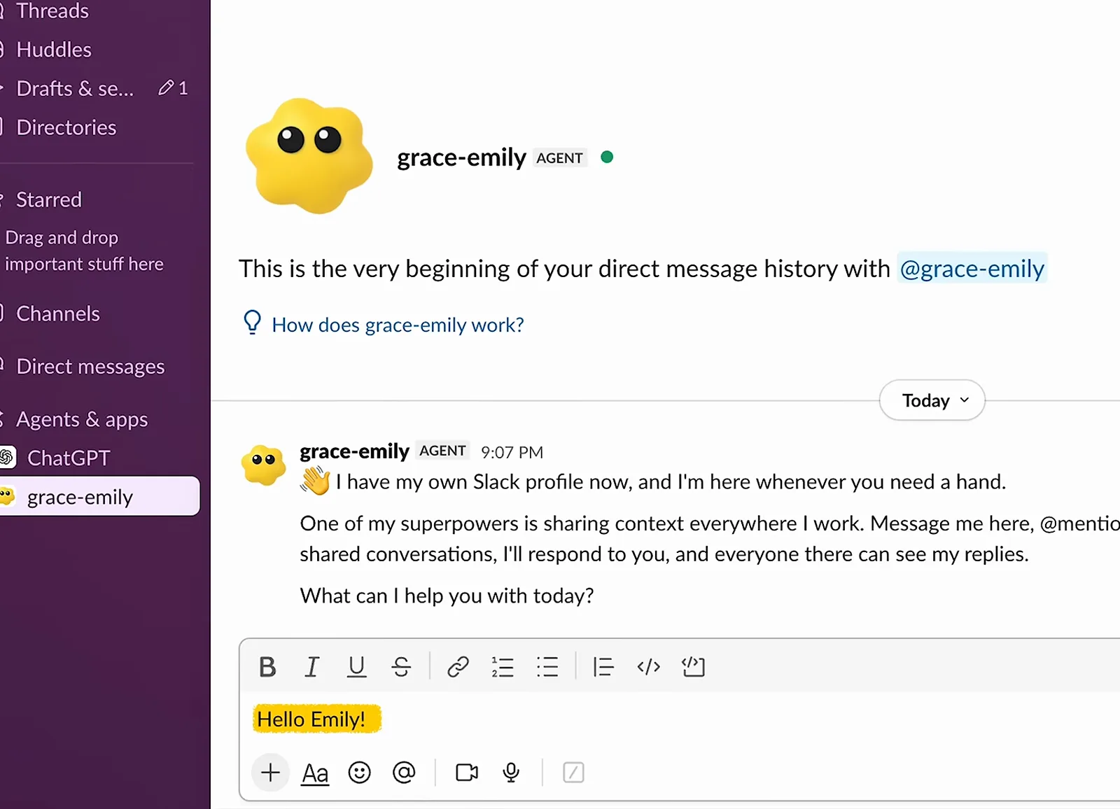 Slack 私信界面里 grace-emily 智能体的自我介绍,带头像、AGENT 标识,并承诺在共享频道里回复 Slack 私信界面里 grace-emily 智能体的自我介绍,带头像、AGENT 标识,并承诺在共享频道里回复