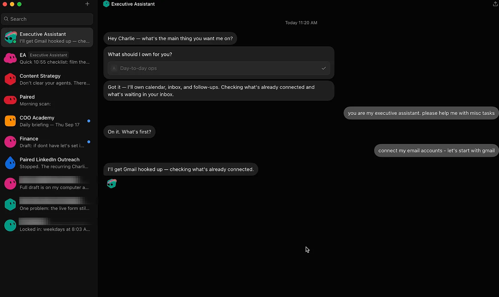 Grok Bot 聊天窗口里用户要求连接 Gmail,Executive Assistant 机器人回复正在检查已连接的账号 Grok Bot 聊天窗口里用户要求连接 Gmail,Executive Assistant 机器人回复正在检查已连接的账号