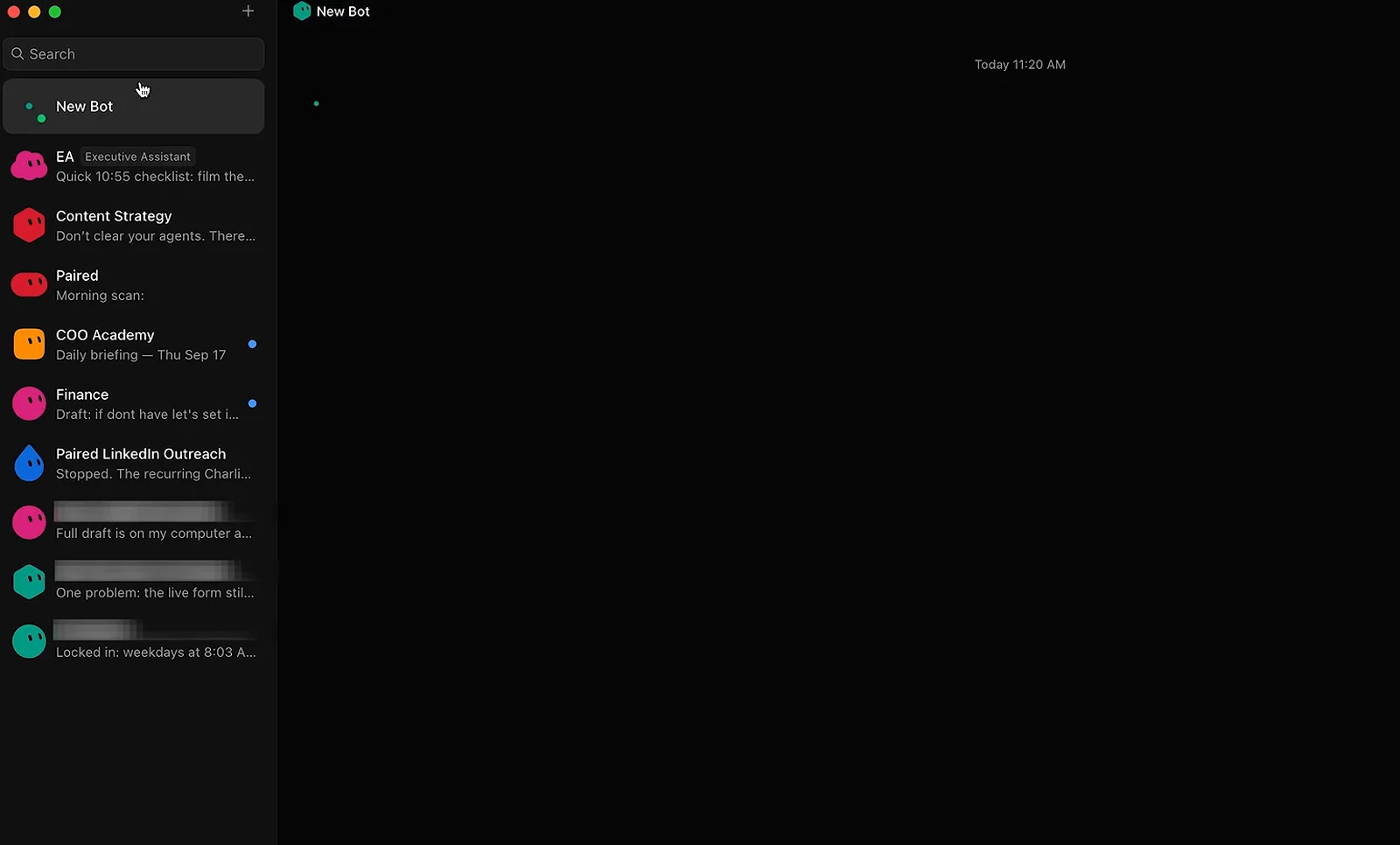 Grok Bot 侧栏选中 New Bot，下方依次是 Executive Assistant、Finance、Content Strategy 等机器人列表和全新的消息输入框