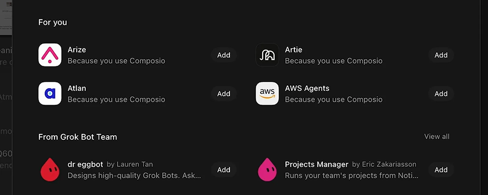 Grok Bot Marketplace 列表展示为你推荐与官方出品机器人,附一键导入的 Add 按钮 Grok Bot Marketplace 列表展示为你推荐与官方出品机器人,附一键导入的 Add 按钮