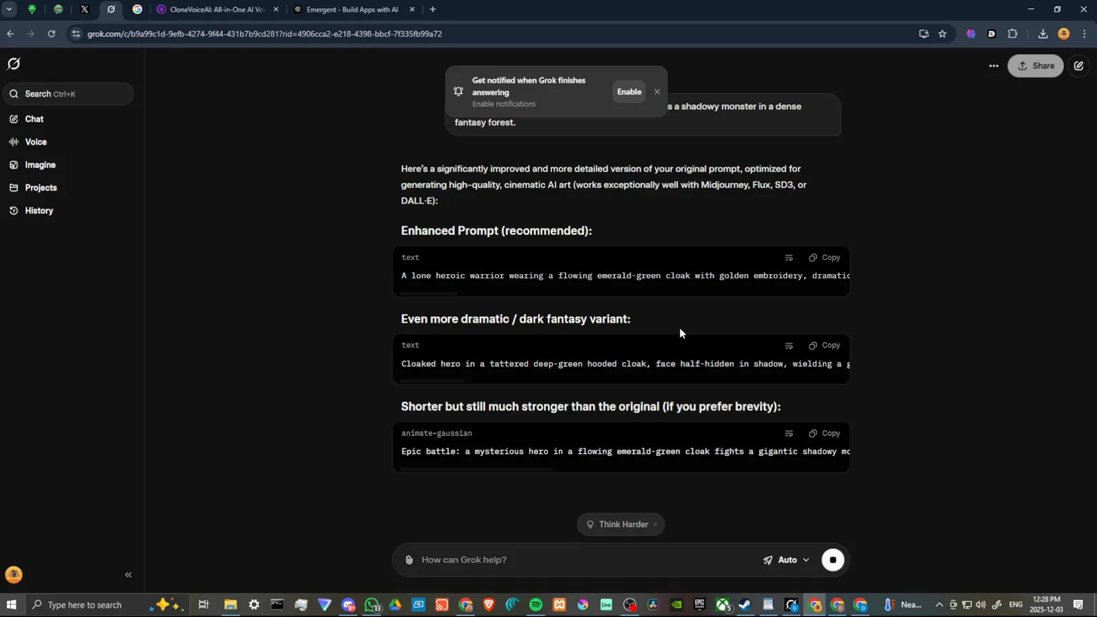 Grok chat replying to improve this prompt with multiple complete rewritten prompts listed in dark mode Grok chat replying to improve this prompt with multiple complete rewritten prompts listed in dark mode