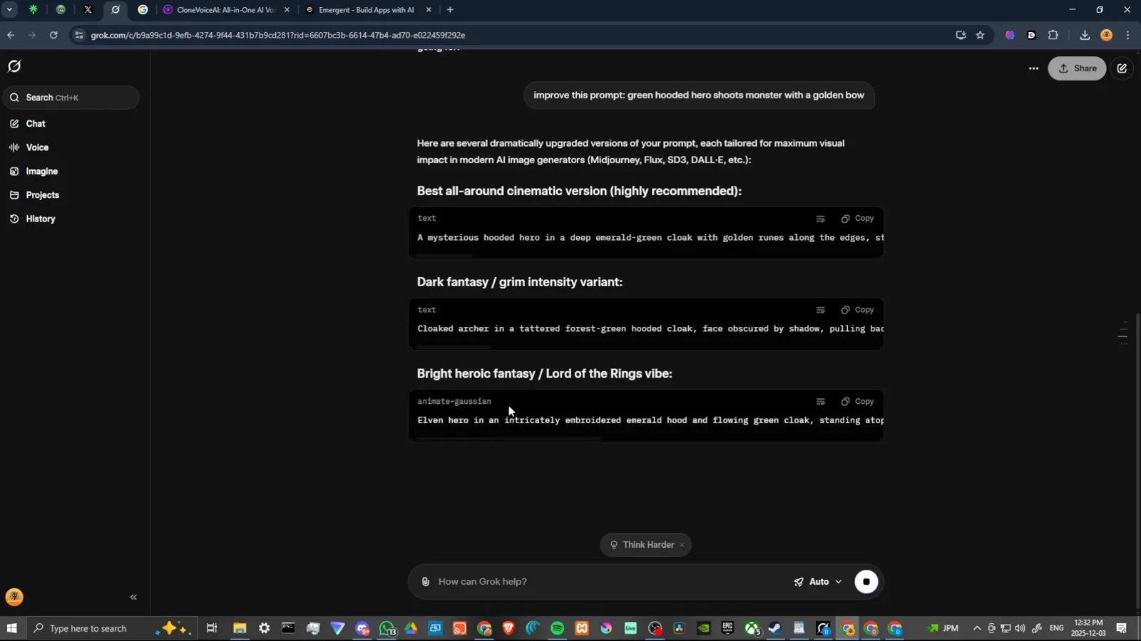 Chat window listing three Grok Imagine prompt rewrites from enhanced to dark fantasy to a short potent version Chat window listing three Grok Imagine prompt rewrites from enhanced to dark fantasy to a short potent version