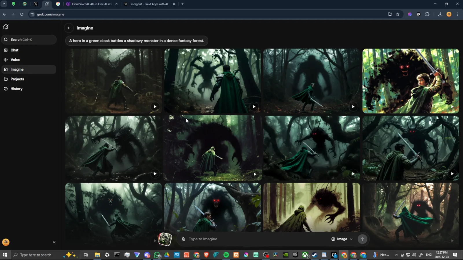 Grok Imagine batch of a green-hooded warrior facing a monster in a misty forest generated from an enhanced prompt Grok Imagine batch of a green-hooded warrior facing a monster in a misty forest generated from an enhanced prompt
