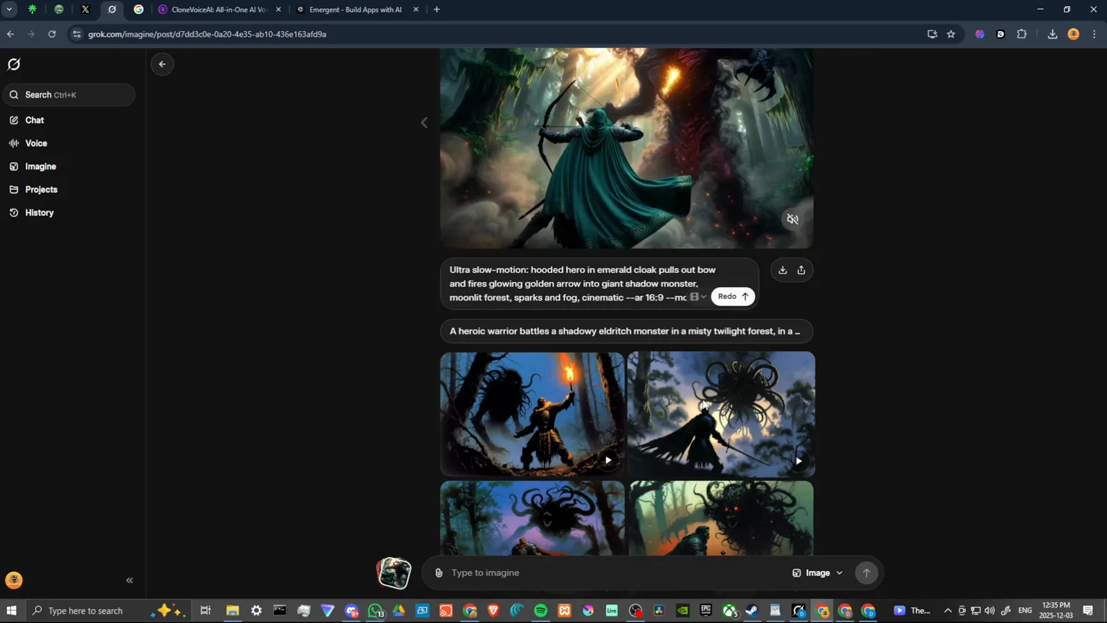 Grok Imagine variants of a fire elemental battle scene with video thumbnails compared side by side Grok Imagine variants of a fire elemental battle scene with video thumbnails compared side by side