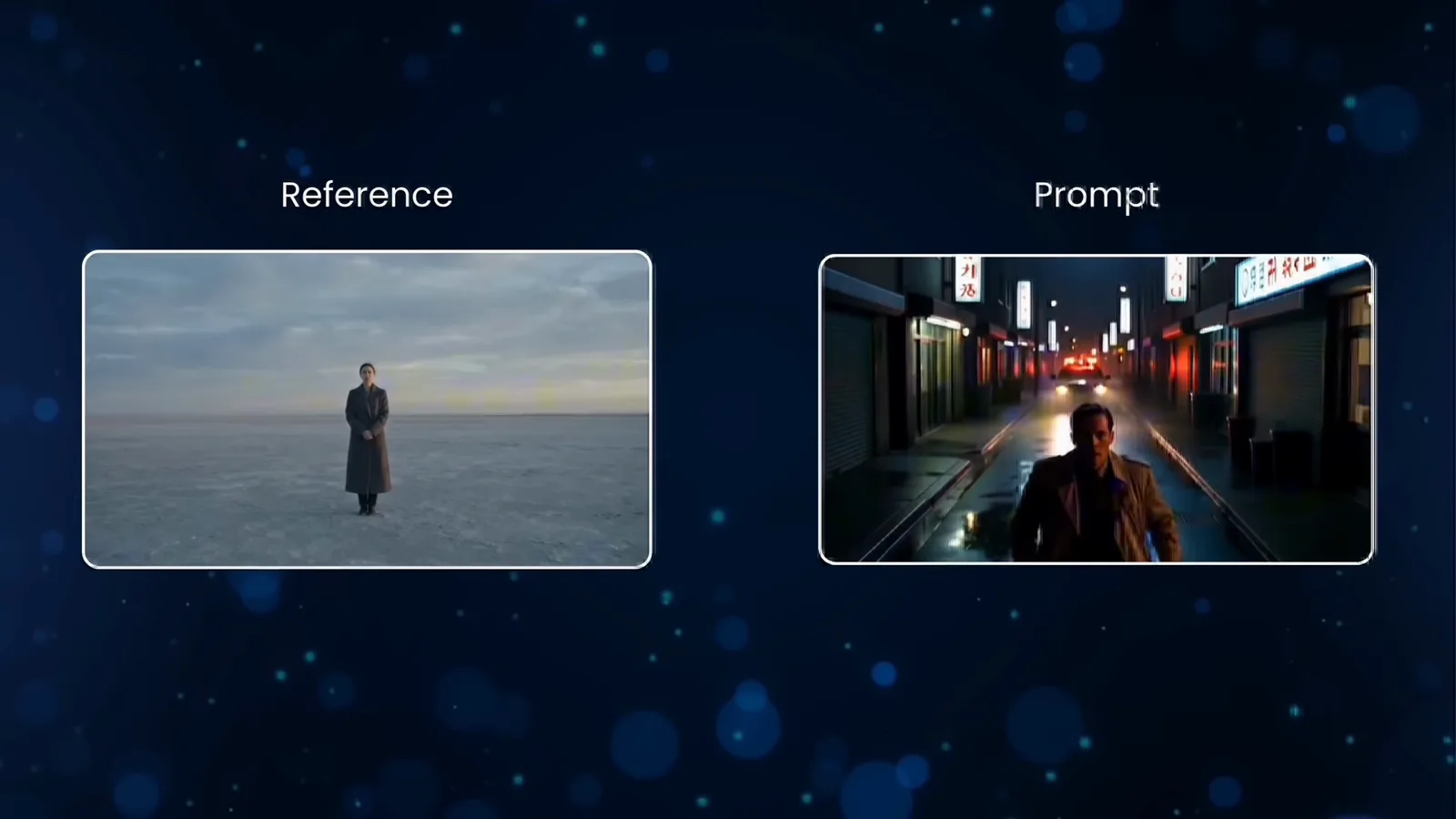 Reference and prompt card demonstrating a dolly zoom with the subject frozen in frame against warping perspective Reference and prompt card demonstrating a dolly zoom with the subject frozen in frame against warping perspective