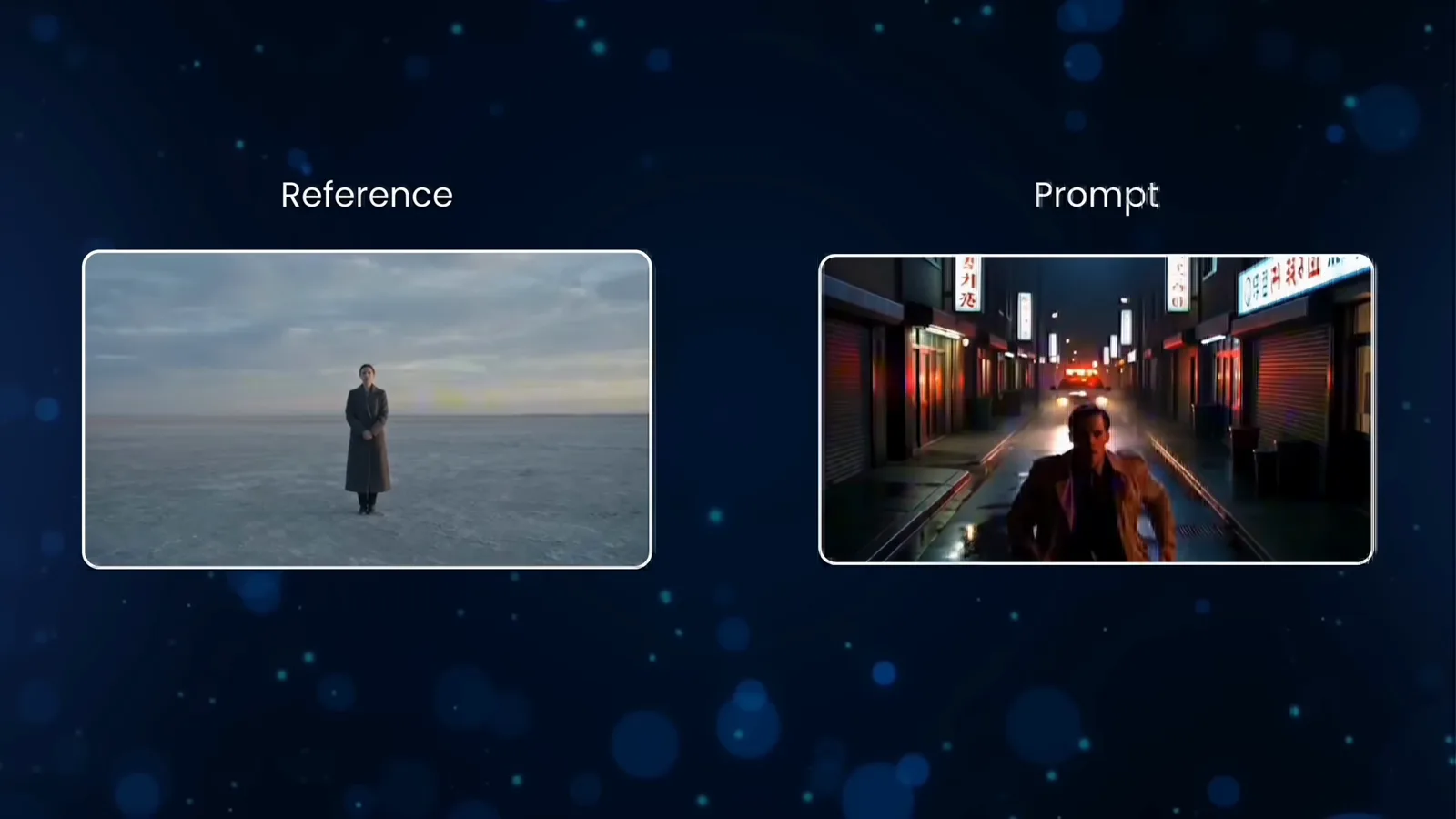 Reference and prompt comparison card showing a fast dolly-in move on a detective in a neon-lit rainy alley Reference and prompt comparison card showing a fast dolly-in move on a detective in a neon-lit rainy alley