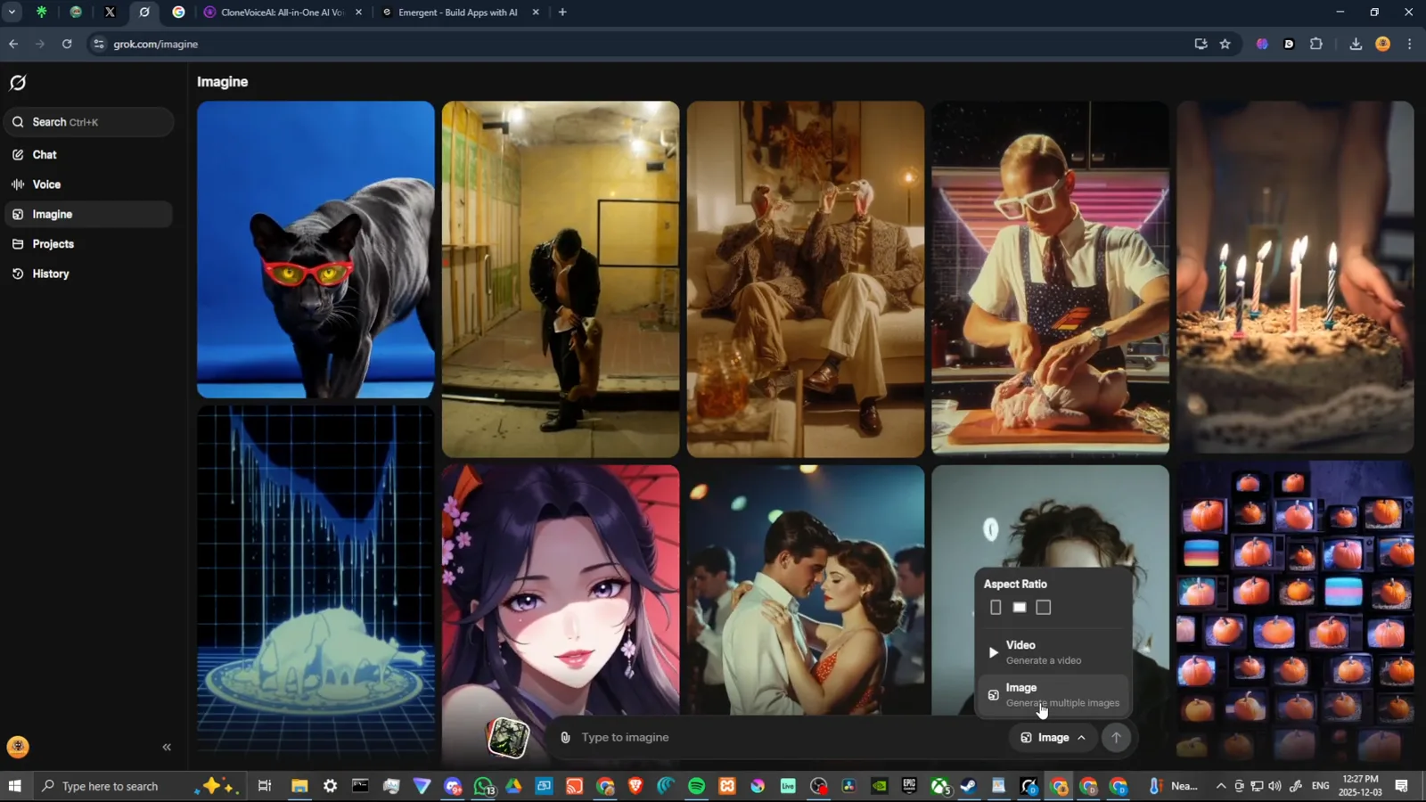 Grok Imagine in dark mode showing the explore wall above an empty prompt bar ready for a first fantasy-scene prompt Grok Imagine in dark mode showing the explore wall above an empty prompt bar ready for a first fantasy-scene prompt