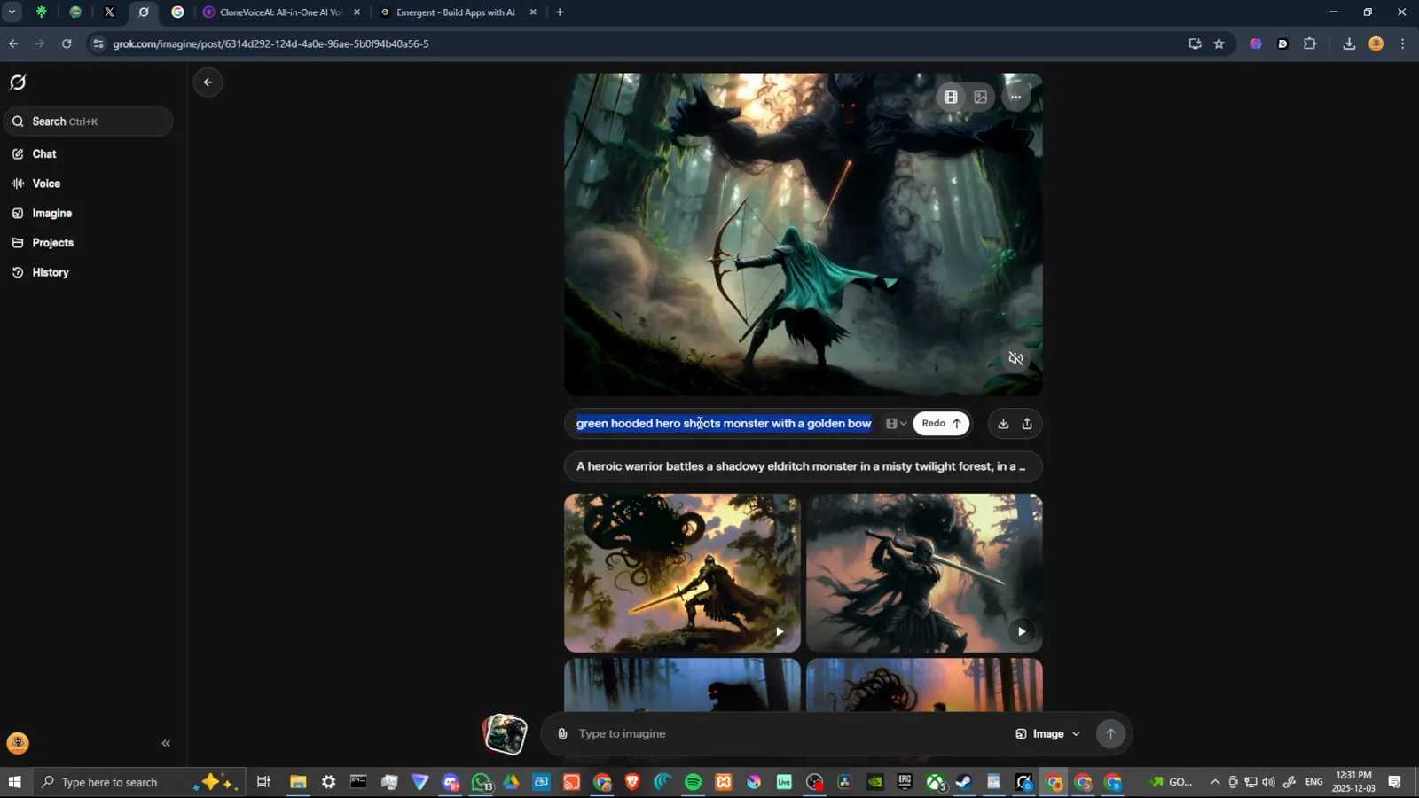 Video prompt box over a fantasy still with the action prompt green hooded hero shoots monster with a golden bow selected for editing Video prompt box over a fantasy still with the action prompt green hooded hero shoots monster with a golden bow selected for editing