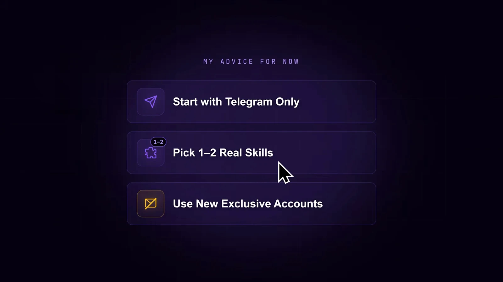 Starter advice slide from a Hermes Agent walkthrough: Telegram only at first, one or two real skills, and brand-new exclusive accounts