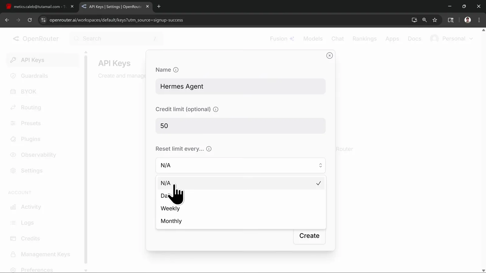 A capped OpenRouter key for Hermes Agent: the create-key dialog with its credit limit field set to 50 before any cron jobs run