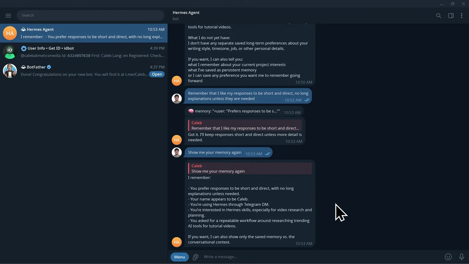 Telegram job card from Hermes Agent naming a weekly AI tools research schedule, the youtube-video-research skill, and the next run time