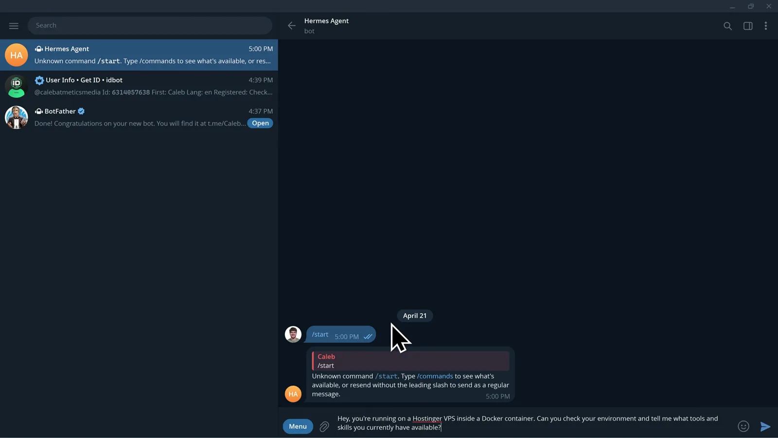 Telegram message telling a Hermes Agent on a Hostinger VPS inside Docker to check its environment and list the tools and skills it has available