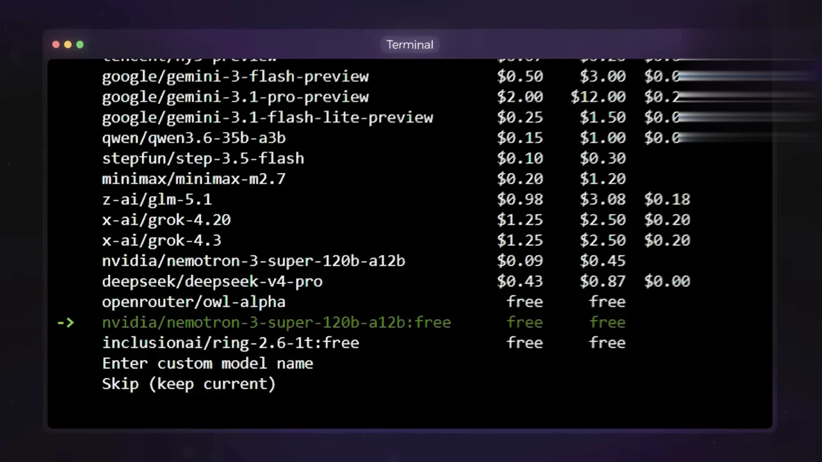 Terminal model picker showing OpenRouter prices with owl-alpha and other free rows a Hermes Agent can use for zero-cost routine tasks
