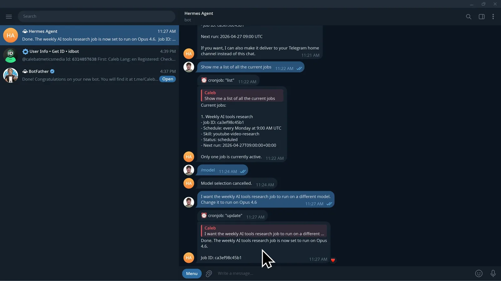 Telegram chat where a weekly Hermes Agent research job is switched to run on Opus 4.6 while the everyday default model stays on a cheaper option