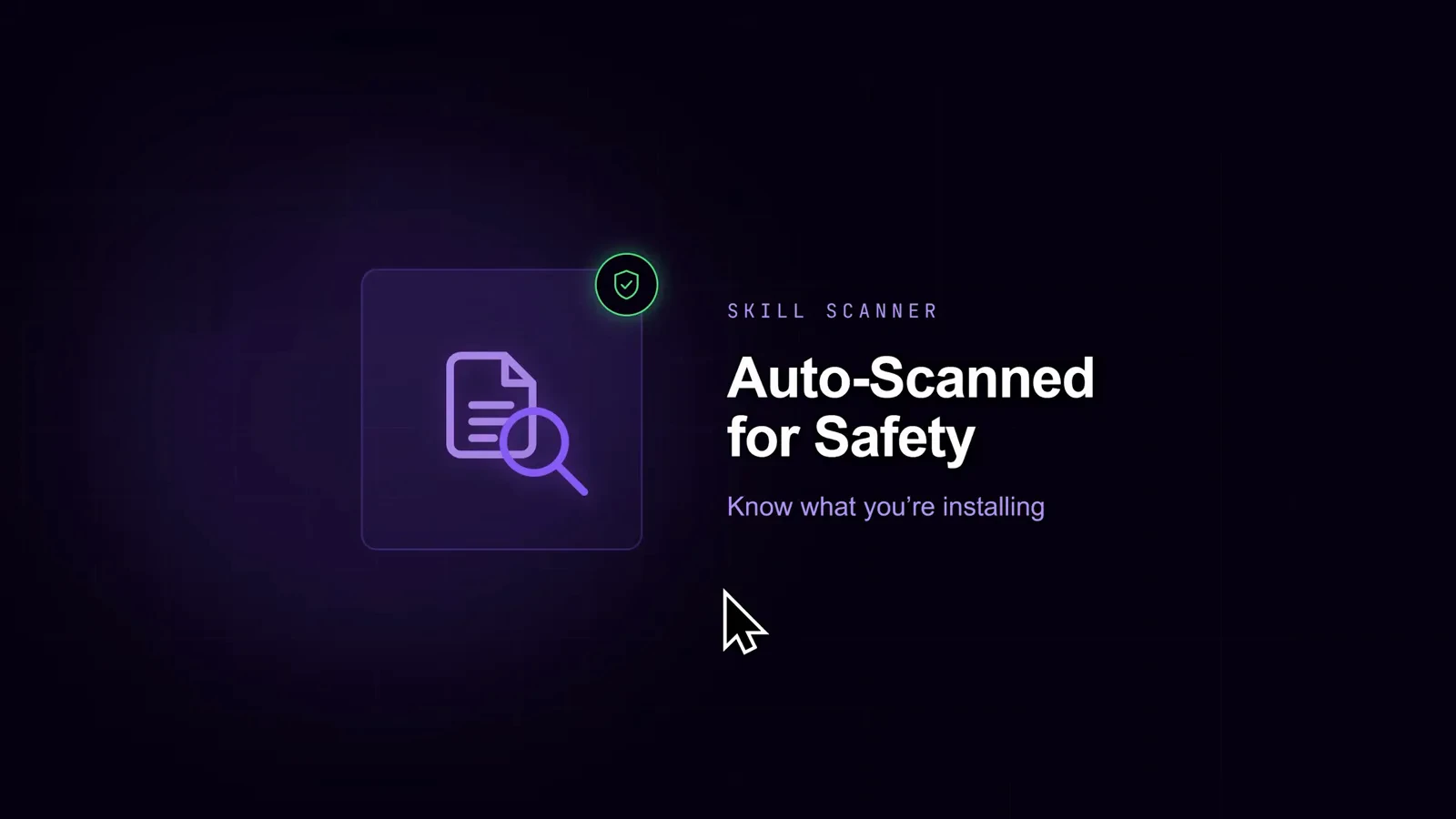 Skill scanner slide from Hermes Agent onboarding promising every new skill is auto-scanned for unsafe code before it can install