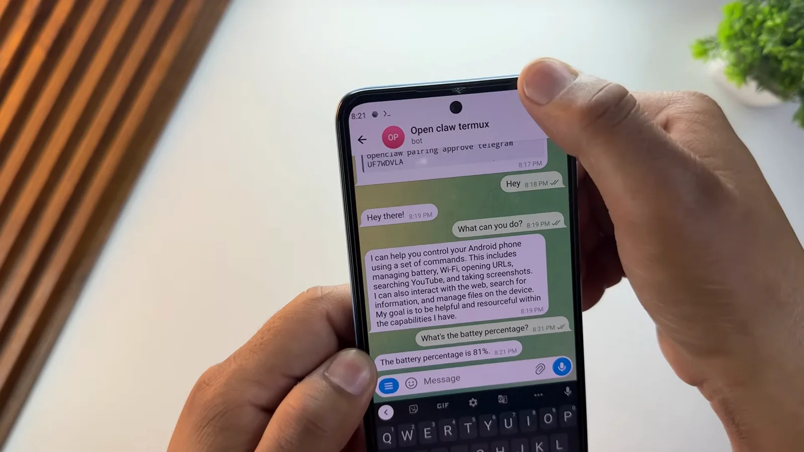 OpenClaw Telegram bot answering the battery percentage question with 81 percent read from the phone itself
