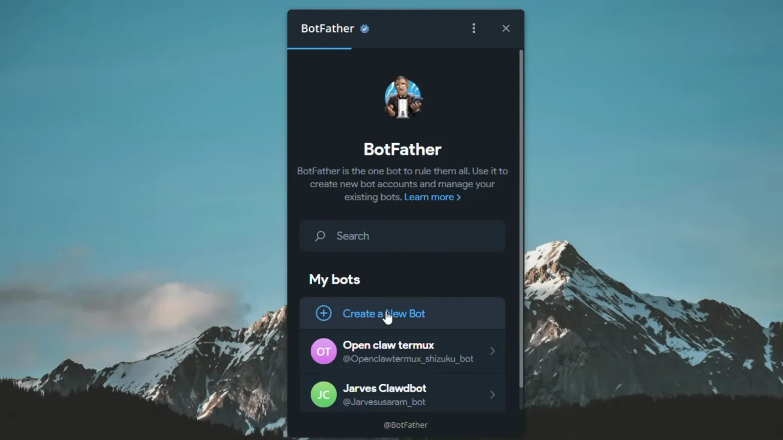 Telegram BotFather panel listing My bots with the Create a New Bot button and existing OpenClaw bot usernames