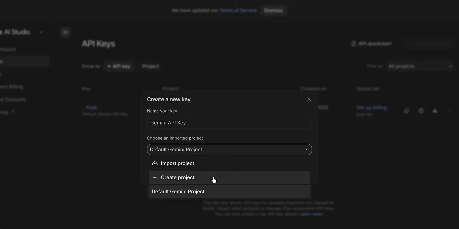 Google AI Studio API Keys page with the Create a new key dialog open on the Default Gemini Project