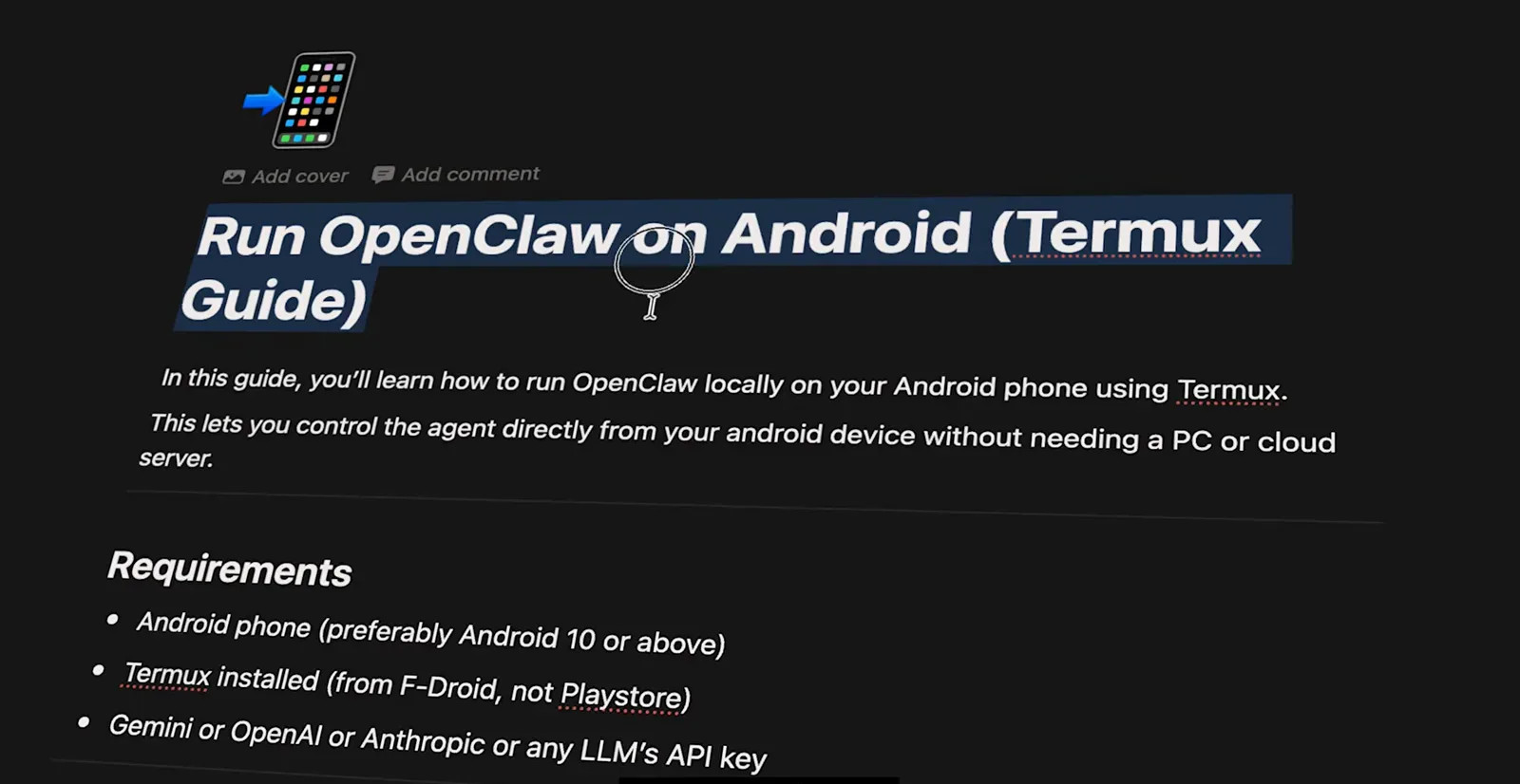 Requirements card for OpenClaw on an old Android phone: Android 10 plus, Termux from F-Droid, any LLM API key