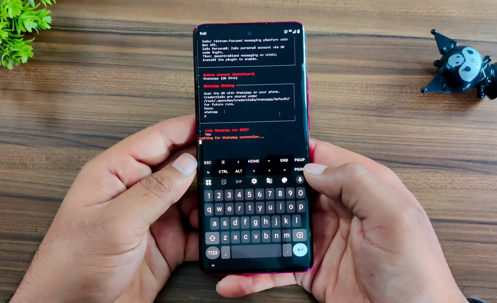 Termux wizard on the WhatsApp channel step telling you to open WhatsApp Settings and Linked devices for the QR