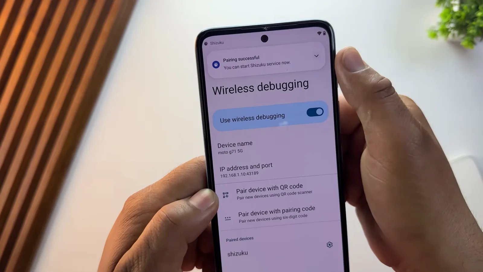 Pairing successful Shizuku notification over the Wireless debugging screen with its toggle enabled on Android