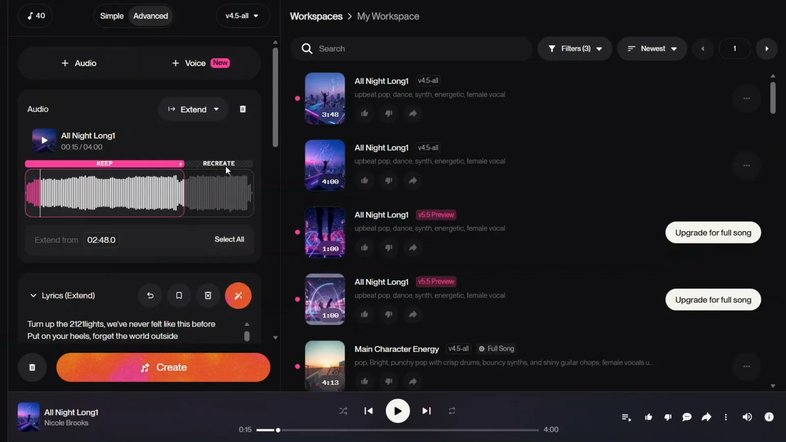 Suno Extend 编辑器，波形上 KEEP 保留区高亮，RECREATE 覆盖歌曲其余部分