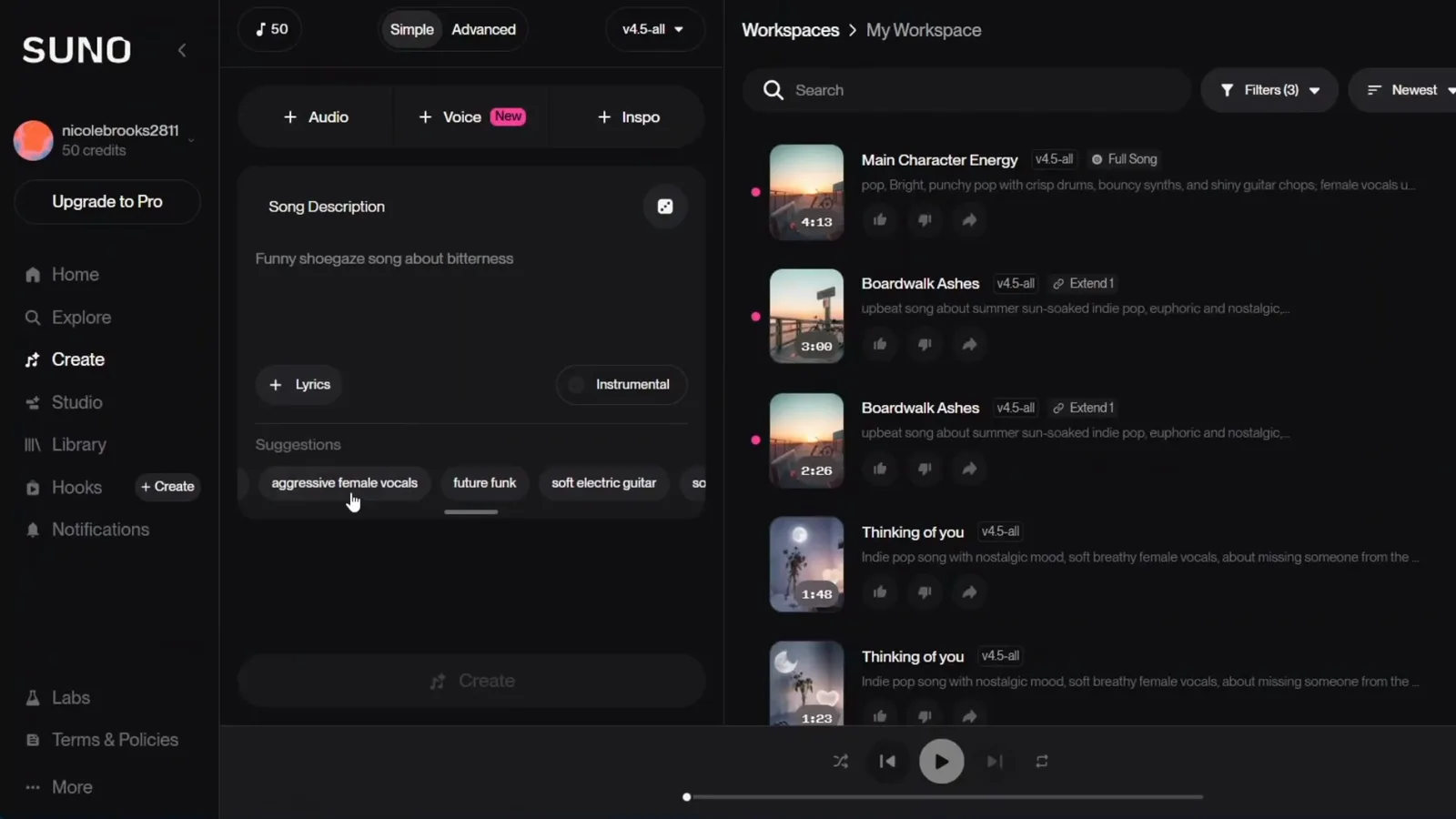 Suno Simple 模式输入搞笑盯鞋风格歌曲描述，下方显示人声和流派建议标签