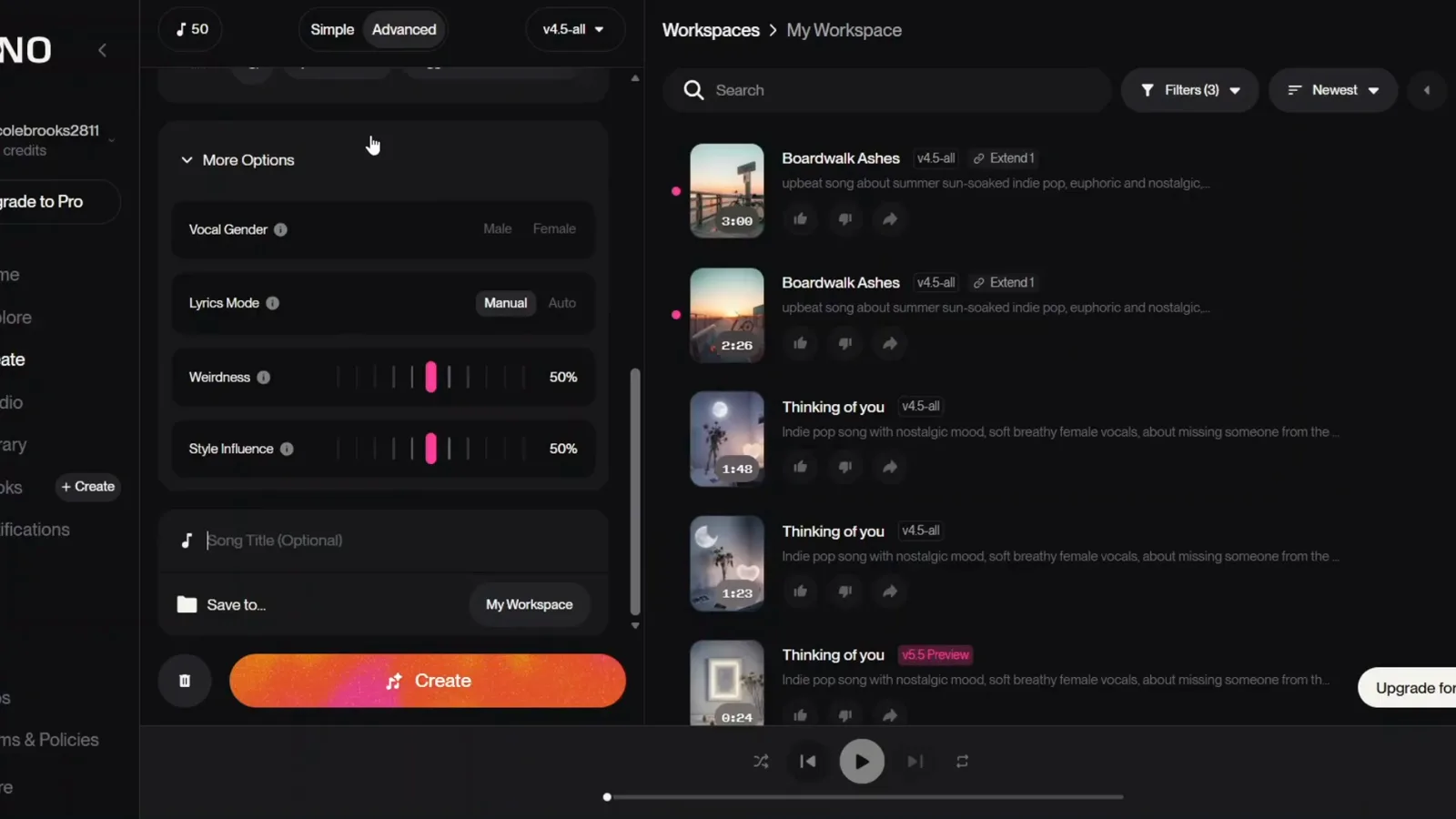 Suno 歌名输入框和 More Options 滑块下方的 Save to My Workspace 保存控件