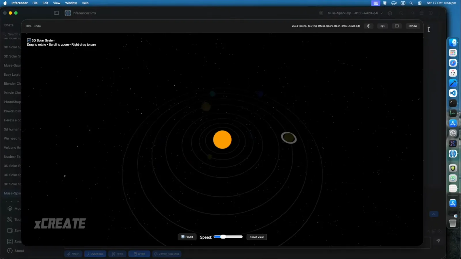 Inferencer Pro HTML preview animating an interactive 3D solar system while the footer logs 2534 tokens at 13.71 tokens per second for the Muse Spark Open q4 build Inferencer Pro HTML preview animating an interactive 3D solar system while the footer logs 2534 tokens at 13.71 tokens per second for the Muse Spark Open q4 build