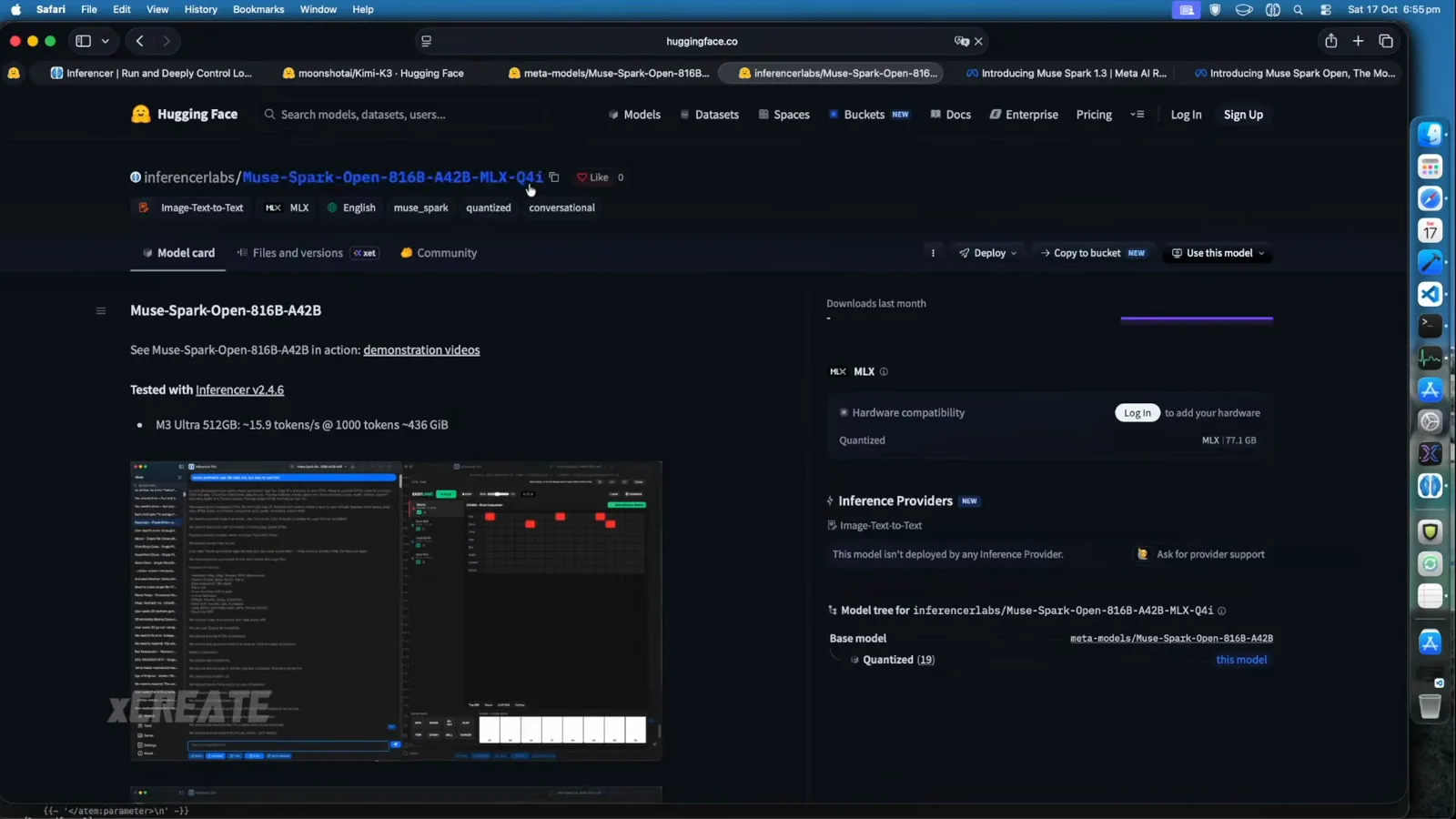 HuggingFace page for inferencerlabs Muse-Spark-Open-816B-A42B-MLX-Q4i showing the MLX and quantized tags with a measured M3 Ultra 512GB rate near 15.9 tokens per second HuggingFace page for inferencerlabs Muse-Spark-Open-816B-A42B-MLX-Q4i showing the MLX and quantized tags with a measured M3 Ultra 512GB rate near 15.9 tokens per second