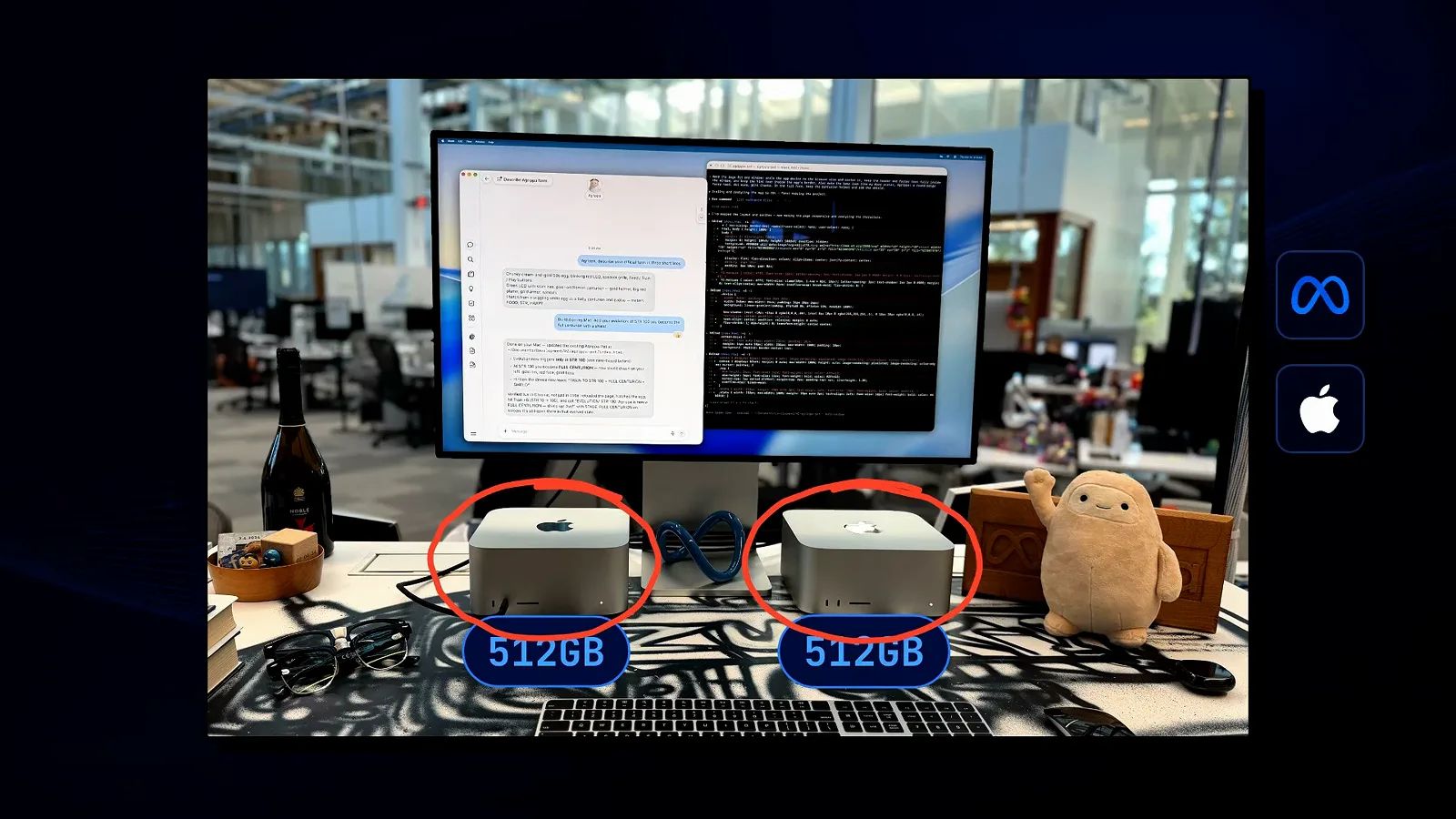 Desk photo circling two Mac Studio towers labeled 512GB each beside a monitor running a coding session, with Meta and Apple logos at the right edge Desk photo circling two Mac Studio towers labeled 512GB each beside a monitor running a coding session, with Meta and Apple logos at the right edge
