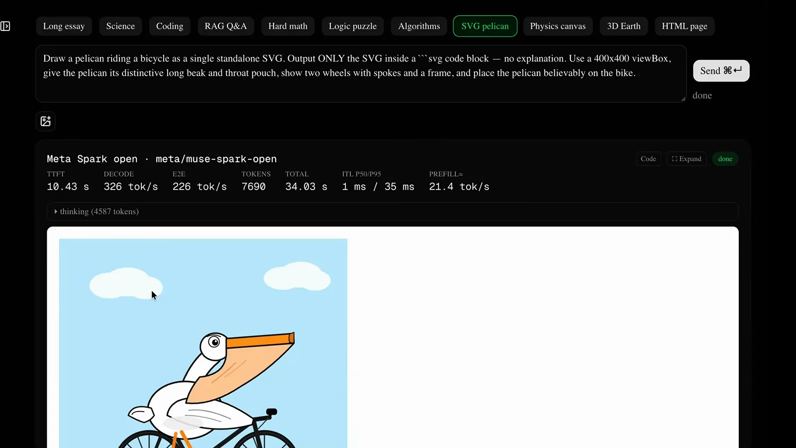 OpenRouter chat completing a pelican riding a bicycle SVG with Meta Spark open, 7690 tokens generated in 34.03 seconds including a 4587-token thinking trace OpenRouter chat completing a pelican riding a bicycle SVG with Meta Spark open, 7690 tokens generated in 34.03 seconds including a 4587-token thinking trace