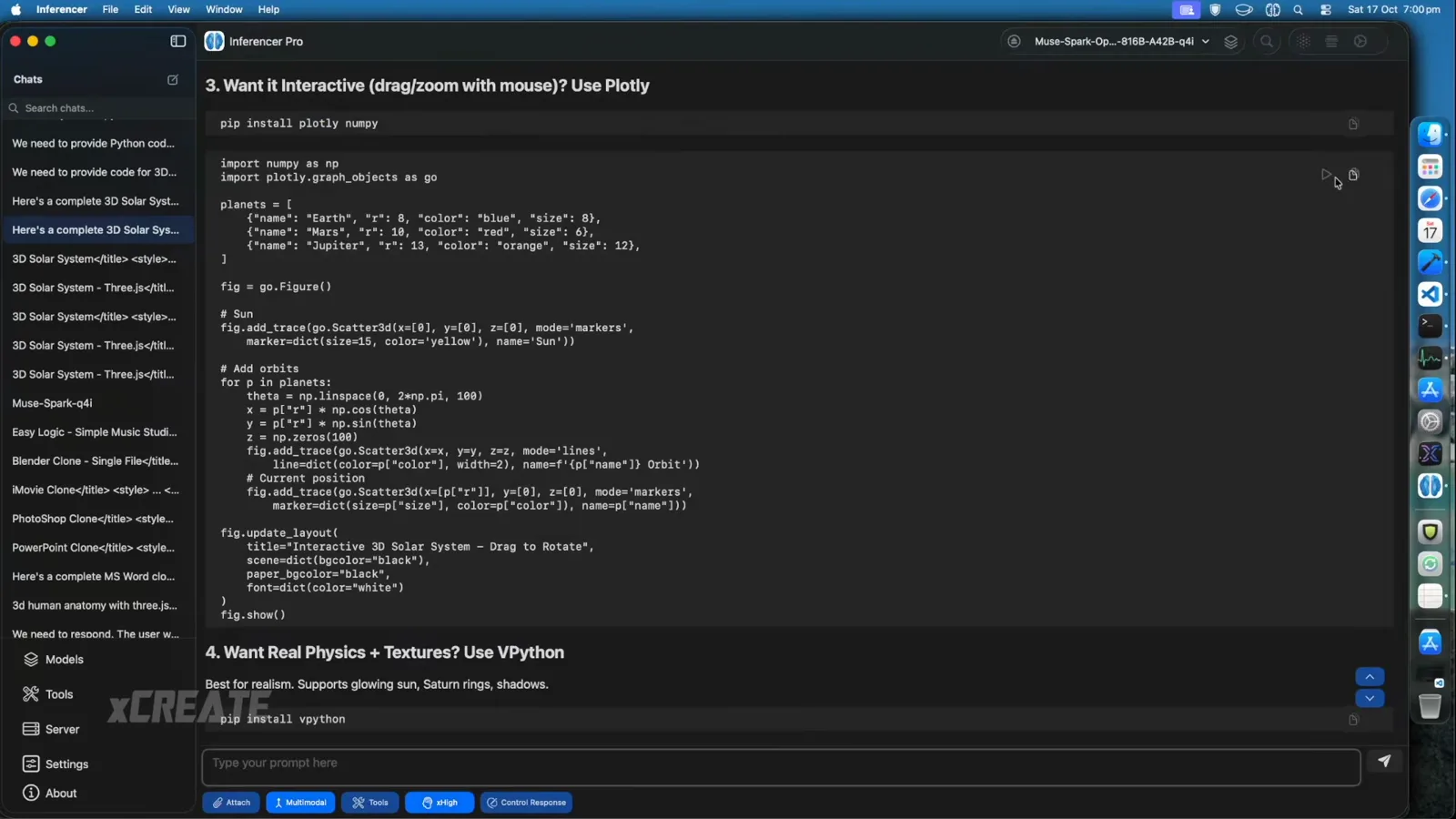 Inferencer Pro chat presenting a Plotly solar-system script with pip install plotly numpy above a VPython section, one prompt answered with three implementations Inferencer Pro chat presenting a Plotly solar-system script with pip install plotly numpy above a VPython section, one prompt answered with three implementations