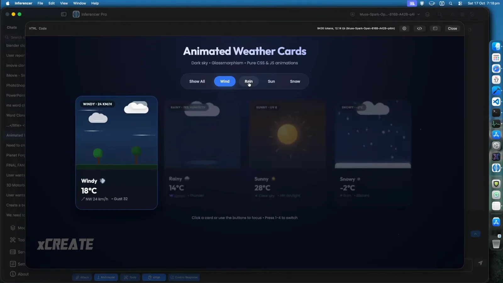 Animated Weather Cards dashboard focusing the Windy 18°C tile among Rainy, Sunny and Snowy cards, generated at 9435 tokens and 12.14 tokens per second Animated Weather Cards dashboard focusing the Windy 18°C tile among Rainy, Sunny and Snowy cards, generated at 9435 tokens and 12.14 tokens per second