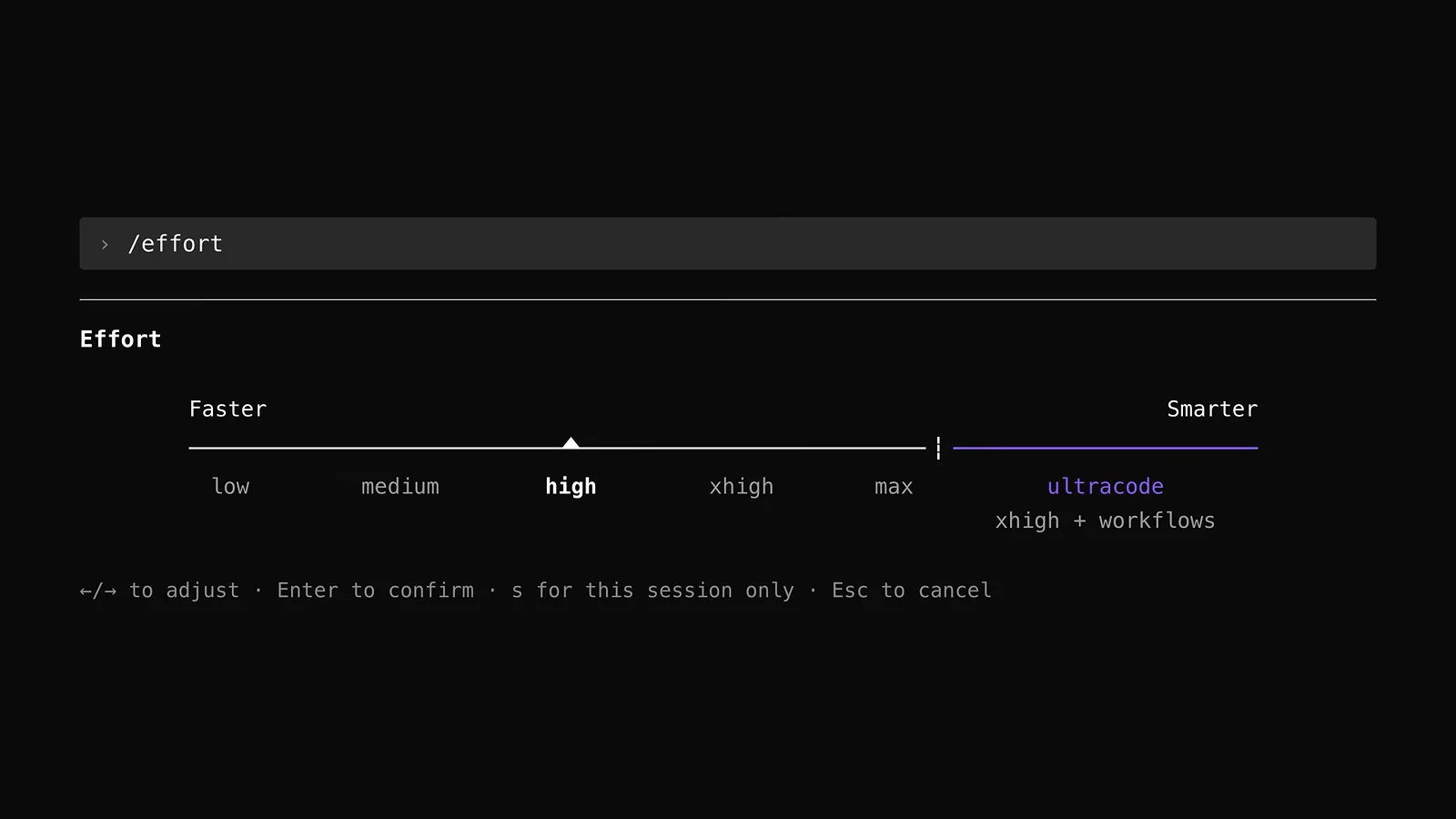 Claude Code /effort picker showing low, medium, high, xhigh, max, and ultracode levels for Claude Fable 5.1 with Enter to confirm and s for session only