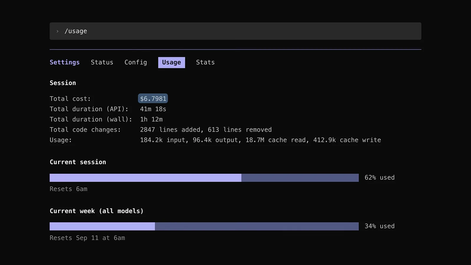 Claude Code /usage screen showing the current session 62 percent used and the current week across all models 34 percent used, with reset times for tracking Claude Fable 5.1 limits