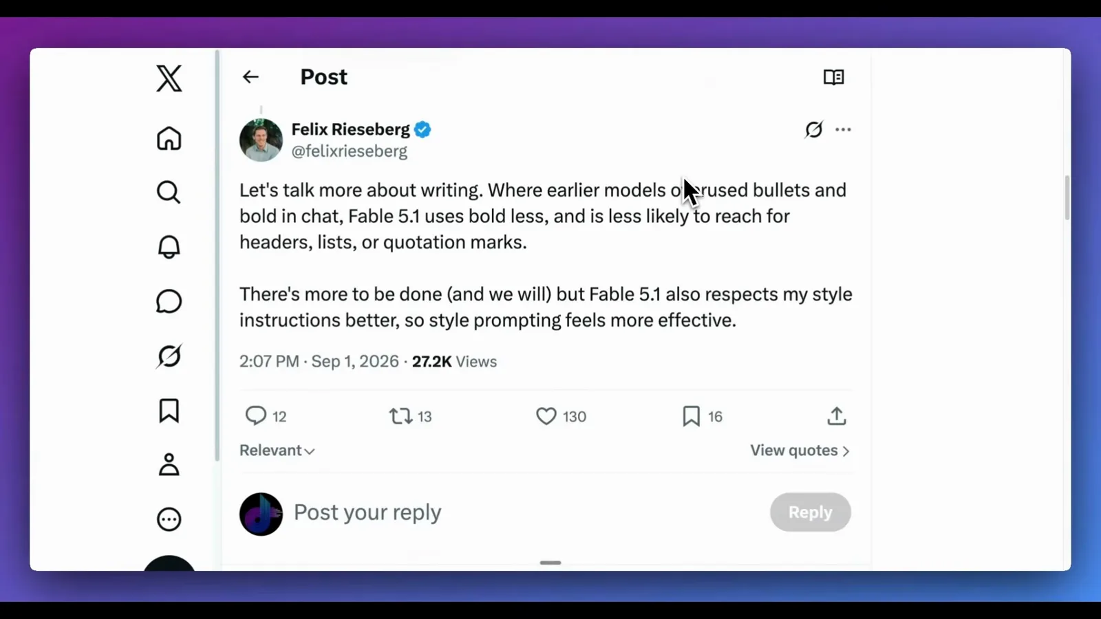 Felix Rieseberg post on X noting Claude Fable 5.1 uses less bold and fewer headers and respects style instructions better than earlier Claude models