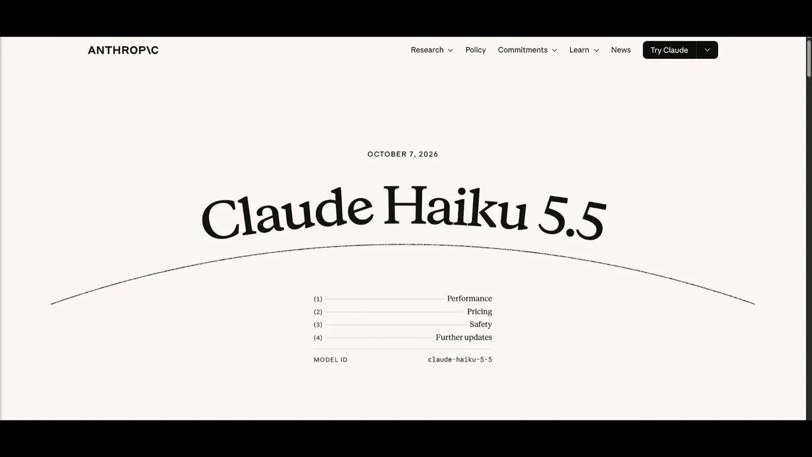 Anthropic 官网 Claude Haiku 5.5 发布页，标注 2026 年 10 月 7 日发布与 claude-haiku-5-5 模型 ID，目录含提示指南一节。