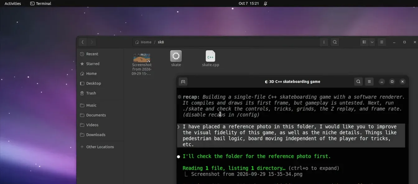 Claude Code 终端在 Claude Haiku 5.5 上改进 C++ 滑板游戏：读参考图、以最高 effort 思考。