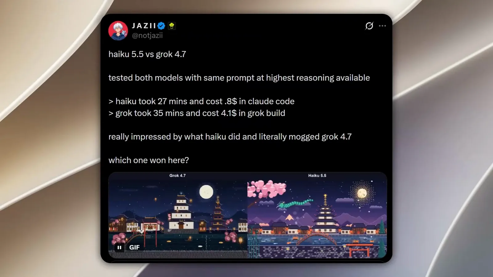 并排像素画对比 Grok 4.7 与 Claude Haiku 5.5 同提示结果：27 分钟对 35 分钟的构建用时。