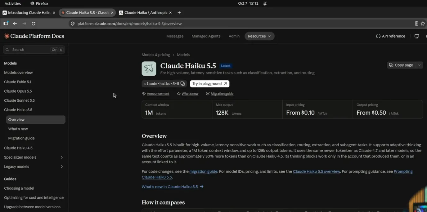 Claude Platform 文档的 Haiku 5.5 页：100 万 token 上下文、12.8 万 token 输出上限、每百万 token 0.10／0.50 美元定价。