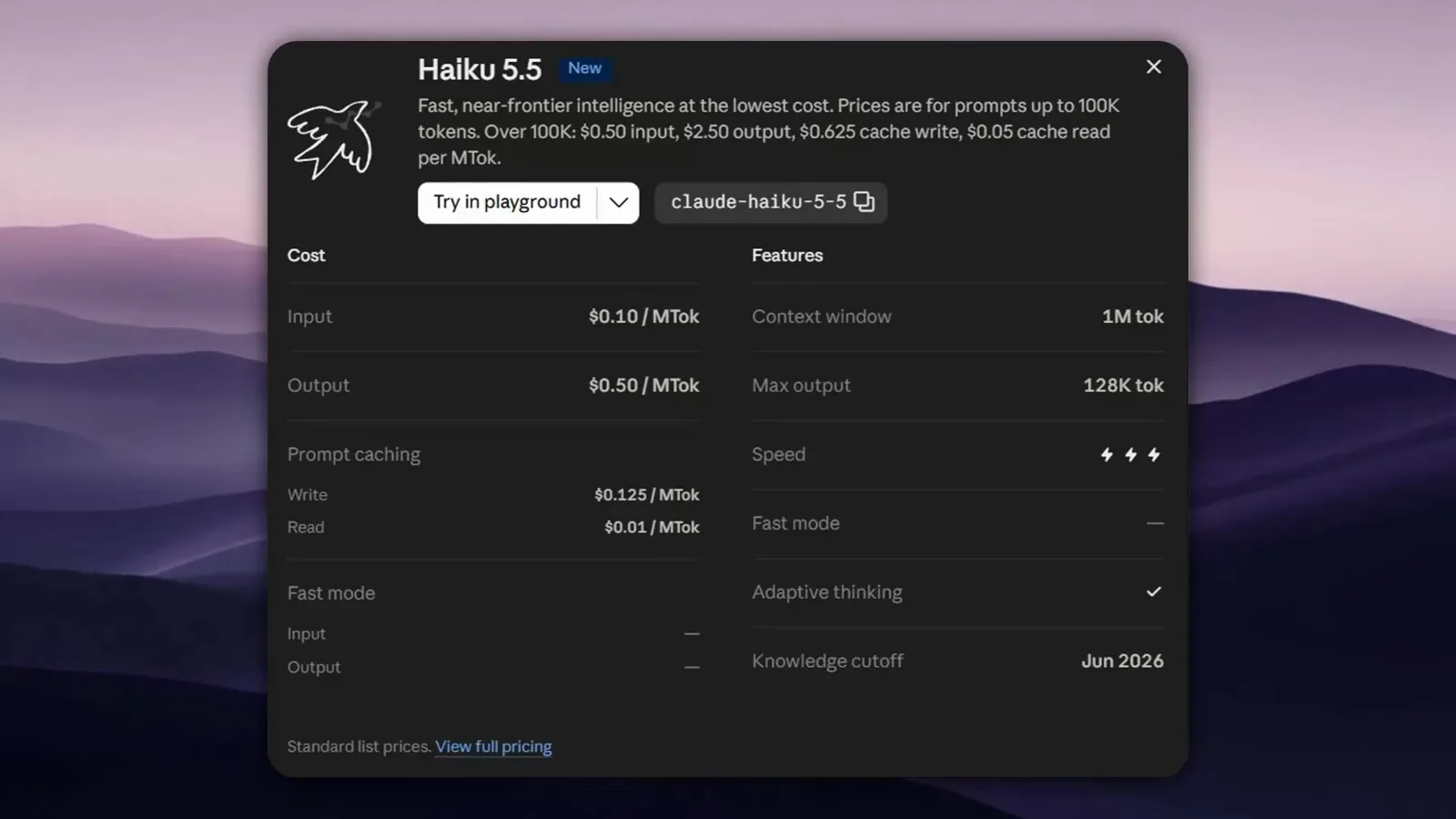 Claude Platform 的 Haiku 5.5 模型卡：claude-haiku-5-5 ID、Try in playground 按钮、0.10／0.50 美元定价与 100 万 token 上下文。