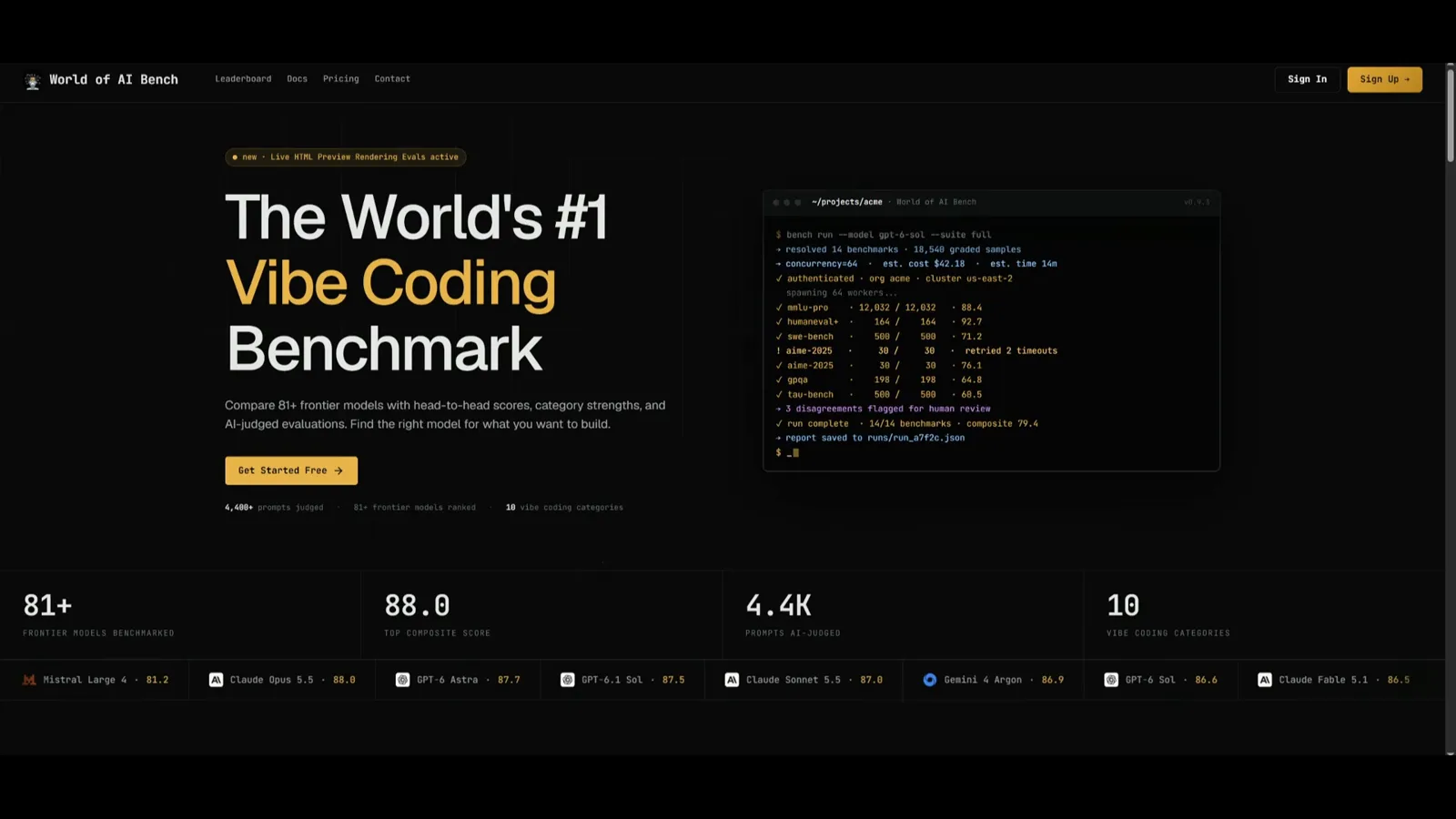 World of AI Bench 首页：一个提供 81 个以上前沿模型（含 Claude Haiku 5.5）实测的 vibe coding 基准平台。