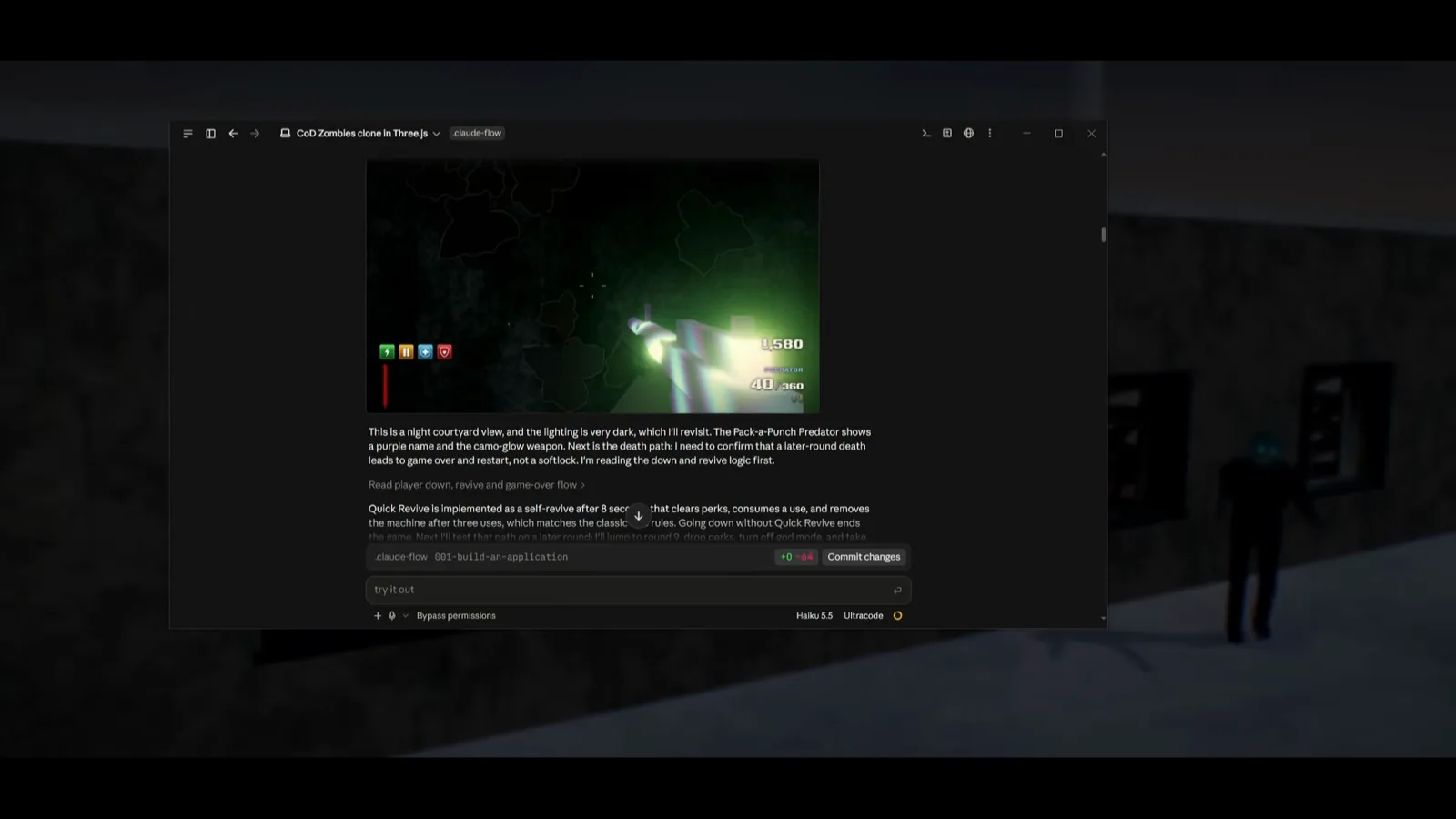 Claude Haiku 5.5 工件面板正在构建 CoD 僵尸风格的 Three.js 原型：夜晚庭院预览加积分 HUD。