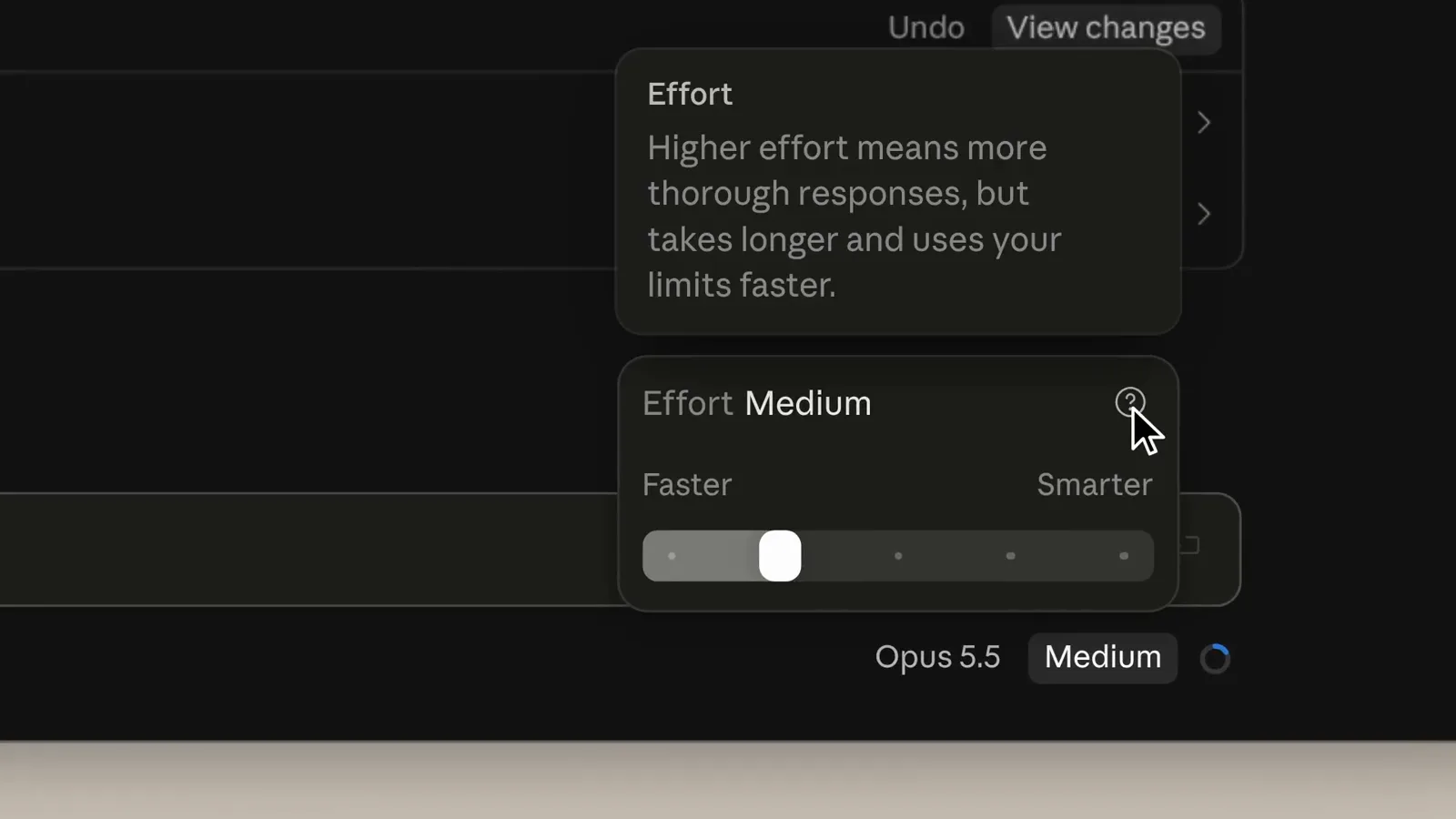 Claude effort picker set to Medium with a tooltip explaining that higher effort means longer responses and faster limit use Claude effort picker set to Medium with a tooltip explaining that higher effort means longer responses and faster limit use